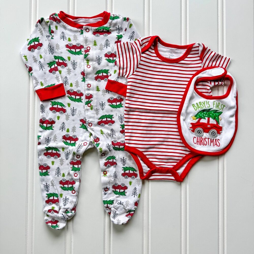 4/$10 - Baby Starters Christmas Cotton Baby Footie, Onesie Bodysuit, & Bib Set | - Picture 1 of 11
